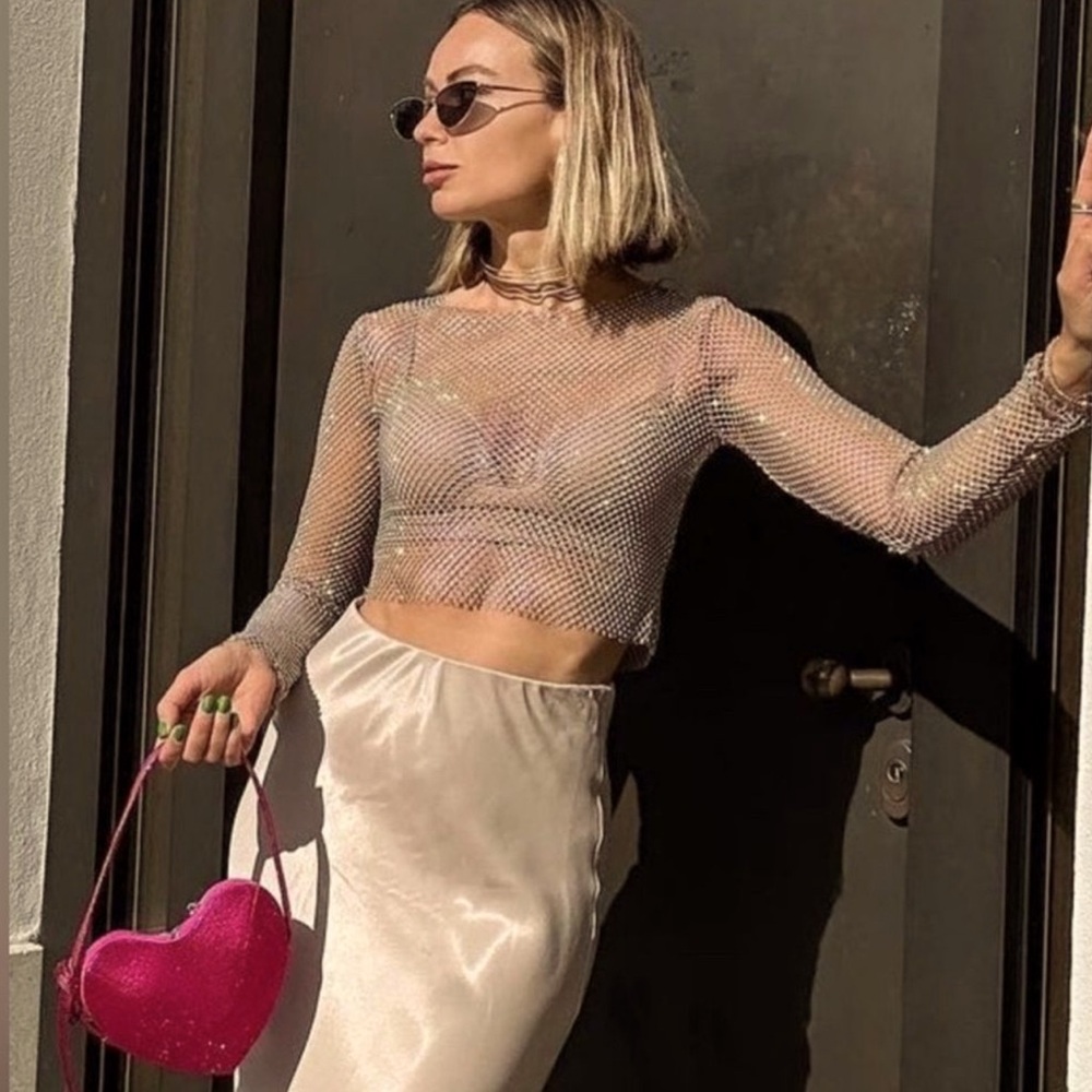 ZARA NUDE RHINESTONE MESH CROP TOP
